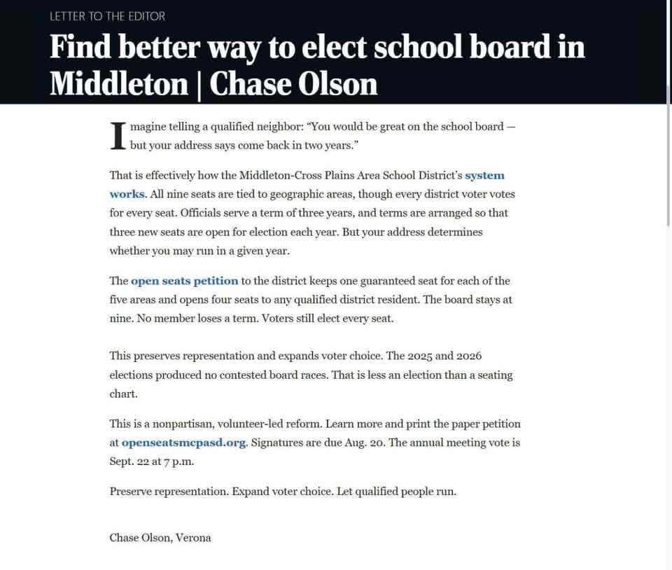 Letter to the editor by Chase Olson: 'Find better way to elect school board in Middleton'